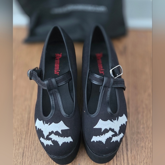 Demonia Shoes - Demonia Black and White Bat Design Platform Mary Janes